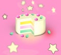 3d light yellow cake with pink candies and yellow stars at bright pink gradient background